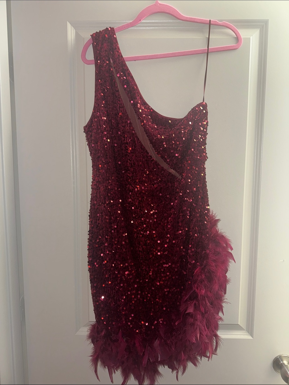 Fashion Nova Burgundy Sequin One-Shoulder Feather Hem Dress